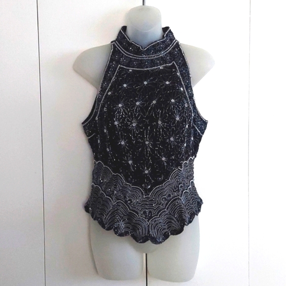 Papell Boutique Tops - Vintage Papell Boutique Evening Black & Silver Beaded Trapeze Halter Top Size M
